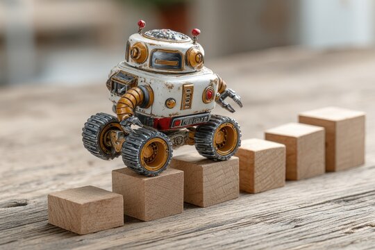 Steampunk robot climbs wooden blocks