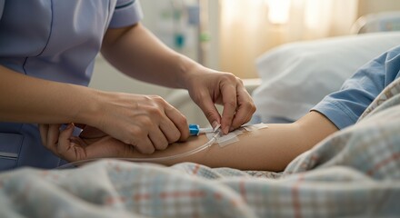Fototapeta premium Healthcare professional administering intravenous fluid to a patient in hospital for medical treatment and recovery