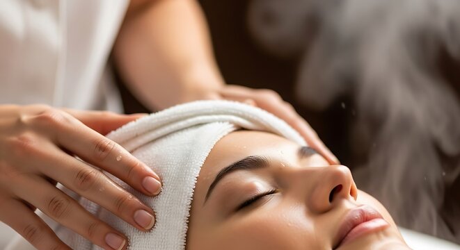 Serene facial treatment: A woman's relaxation during a skincare session with steam