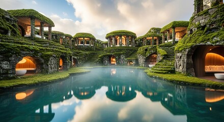 Obraz premium Structures covered in greenery surround a misty body of water under a cloudy sky.