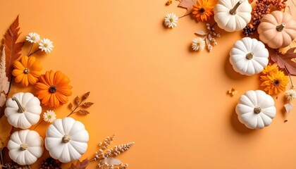 Obraz premium Autumn celebration of white and orange pumpkins cozy home decor festive scene indoor flat lay view seasonal aesthetics for fall