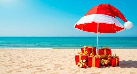 Santa hat umbrella and red gifts on a beach. Tropical Christmas and New Year celebration.