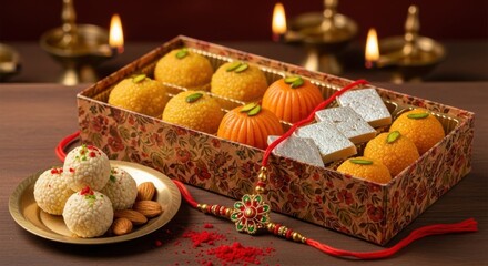 Raksha bandhan celebration with indian sweets and rakhi on a wooden table with diya lights in the background