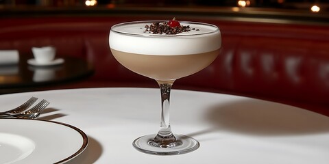 Sophisticated cocktail presentation with a delicate foam and cherry garnish on an elegant table