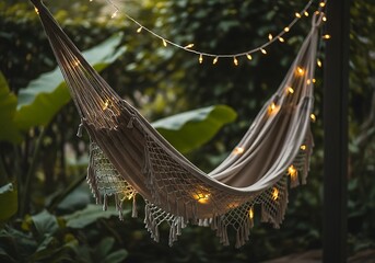 Serene hammock scene with twinkling lights amidst lush greenery, perfect for relaxation