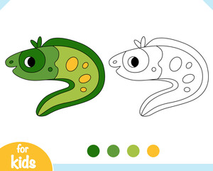 Cartoon coloring page with cute moray eel and simple color palette. Easy and fun ocean themed coloring activity for kids and preschool children