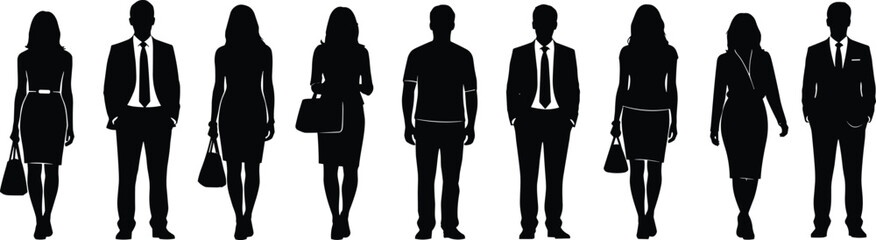 Silhouettes of business professionals, diverse team, standing poses, corporate attire, office people, black and white design, vector illustration, stock image