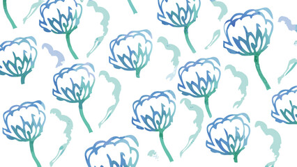 Watercolor floral pattern with blue and green flowers and abstract shapes on a white background design