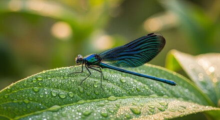Vibrant Blue Damselfly Perched on a Dew-Kissed Green Leaf with Water Droplets