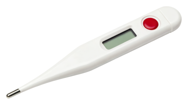 Digital Thermometer with Red Button and LCD Display on white background