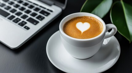 A cup of coffee with a heart design on top.