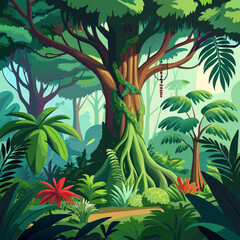 Tropical rainforest tree with dense foliage and vines