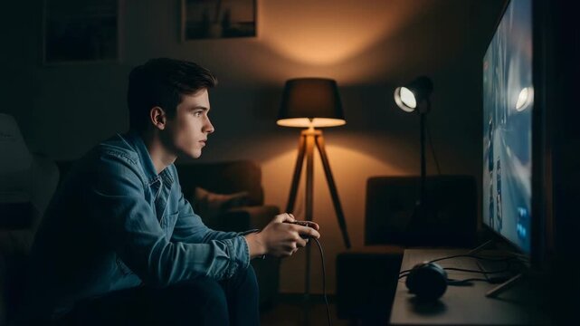 Young Man Playing Video Games Sitting on Couch in Dimly Lit Room with Large Screen