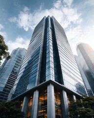 Obraz premium Modern glass skyscraper stands tall against dramatic blue sky, reflecting contemporary design urban ambition. This architectural landmark symbolizes progress, corporate growth, vibrant energy