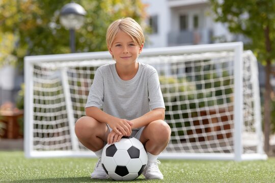 Happy smiling blonde boy crouches on artificial turf soccer field, holding classic black white football. White goal net is visible in background, signaling fun outdoor sports play training youth