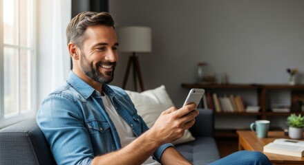 Obraz premium Bearded Man in Denim Shirt Relaxing on Sofa Using Mobile Phone with Bookshelf and Lamp in Background