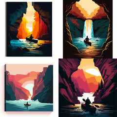 Collection of four digital illustrations depicting a person kayaking in a scenic canyon setting, each with varying lighting and color palettes.