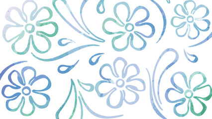 Floral pattern with blue and green watercolor effect flowers and swirling leaf shapes on white background