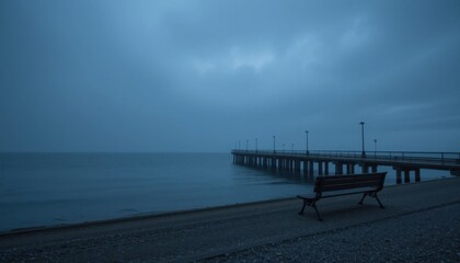 Moody Foggy Seascape with Pier and Bench at Dusk
