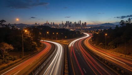 Fototapeta premium Night City Highway with Light Trails and Cityscape 