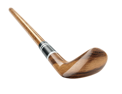 Close-up of a wooden field hockey stick.  Polished wood, dark brown with lighter wood grain,  a black and white stripe near the curved end.  Isolated on black background