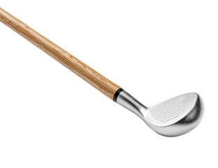 Close-up of a golf club.  Wooden shaft, metal clubhead