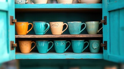 A turquoise cupboard with a wooden shelf and various colored mugs.