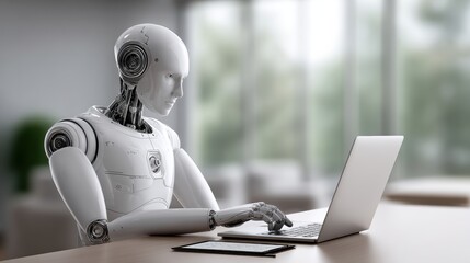Sleek white humanoid robot sits at bright office desk, focused on typing on modern laptop, with digital tablet beside it. This powerful imagery symbolizes advanced artificial intelligence,