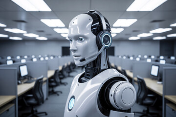 White AI robot with headset in empty call center. Automation replacing human customer service roles.
