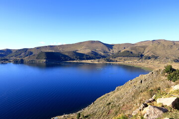 Fototapeta premium view over Titicaca Lake from Cerro El Calvario in Copacabana, Bolivia