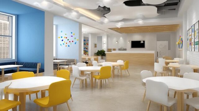 Modern playful school cafeteria with colorful furniture
