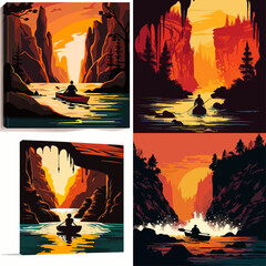 Collection of four vibrant, graphic illustrations featuring a person kayaking through a dramatic canyon landscape at sunset.  Silhouette figures are depicted against vivid color palettes.