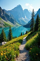 Stunning alpine lake trail, high altitude path, aerial view, valley