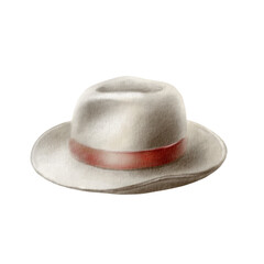 A gray felt hat with a red satin ribbon as a symbol of male elegance and sophistication, an attribute of dance styles: tango, swing, tap, flamenco. Hand drawn watercolor illustration isolated on white