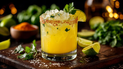 A refreshing margarita cocktail garnished with lime and cilantro on a wooden board