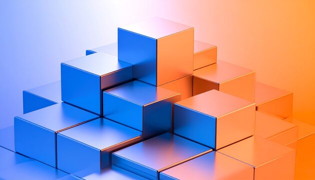 Abstract 3D rendering of stacked metallic blocks forming a growing structure under vibrant blue and orange dual lighting.