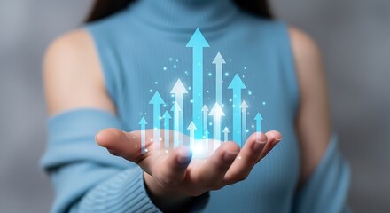 Modern Woman Holding Glowing Upward Arrow Symbol for Business Growth