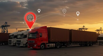 GPS Tracking Pinpoints on Semi-Trucks at a Container Terminal, Global Logistics and Supply Chain