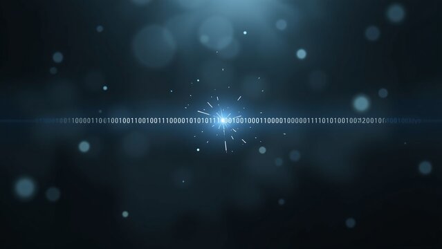 abstract digital binary code stream flowing through dark cinematic space with glowing blue light particles and bokeh effects for futuristic technology and data security concepts