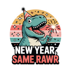 Cartoon dinosaur celebrating with sparkler and party hat illustration tshirt design