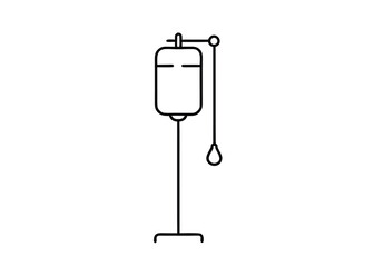 Clean line art illustration of an intravenous drip bag and medical stand