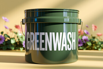 A green paint bucket labeled "Greenwash" shines under sunlight against a vibrant floral background to reveal false environmental greenwashing claims