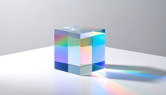 A colorful dichroic glass cube prism on a white surface refracting light into a vibrant spectrum, illustrating an optical phenomenon