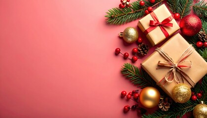Festive christmas gift arrangement holiday celebration decorative image cozy environment top-down view joyful concept for seasonal cheer