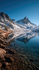 Fototapeta premium Mountain lake reflecting peaks, snow-capped