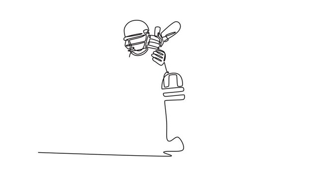Animated self drawing of continuous line draw active cricket player with gear, helmet and bat in action at professional match. Fitness training, performance or game. Full length single line animation