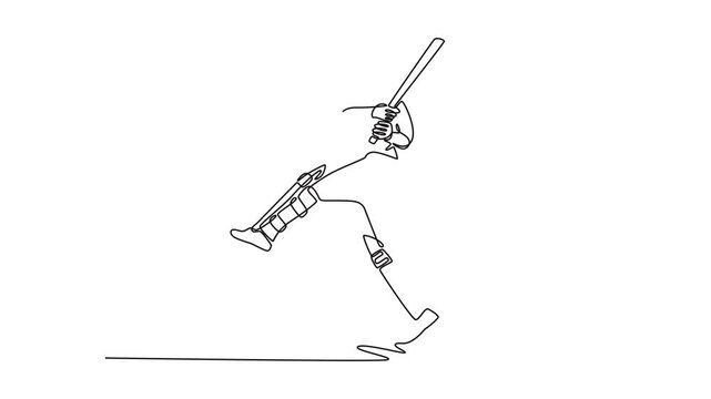 Animated self drawing of continuous line draw active male cricketer playing cricket on pitch in sportswear for regular matches. Sportsman hitting a shot on cricket ball. Full length one line animation