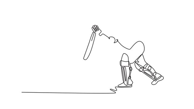 Animated self drawing of continuous line draw attractive cricket batsman playing pull shot towards boundary in cricket match. Fit cricketer at professional competition. Full length one line animation