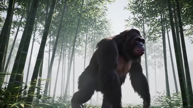 Gigantopithecus moves slowly through misty bamboo forest &ndash; massive prehistoric ape in primeval wilderness scene


