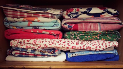A wooden shelf holds a stack of colorful blankets and towels.